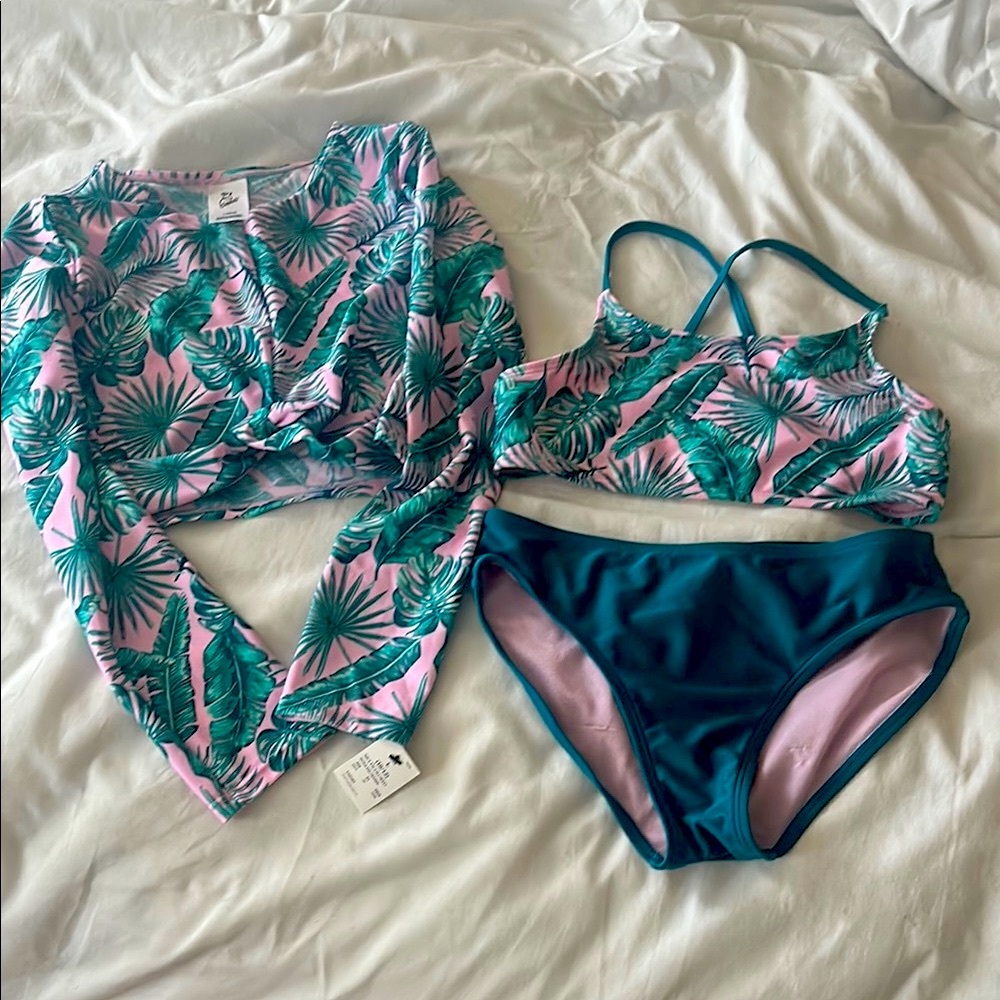 Art Class Green and Pink Bikini Set with Tropical Print